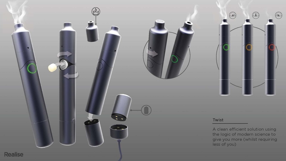 3D rendered storyboards showing a dark metal cylindrical concept vape device