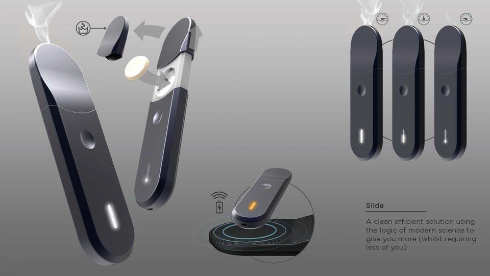 3D rendered storyboards showing a dark metal losenge-shaped concept vape device