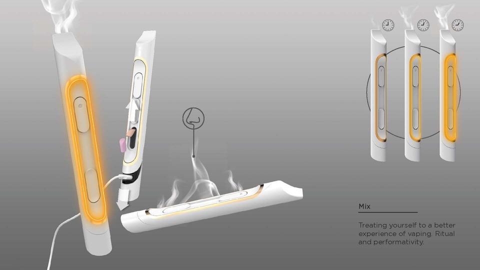 3D rendered storyboards showing a slender white concept vape device