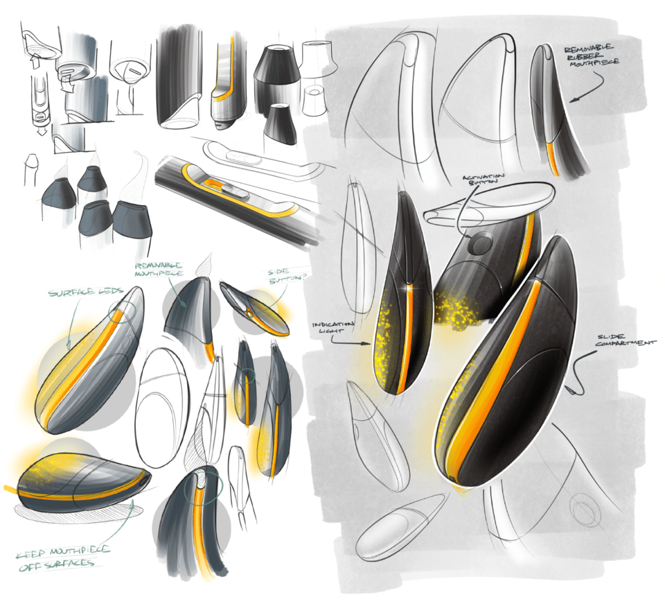 Sketches showing development of the organic, black, stone-like concept vape device